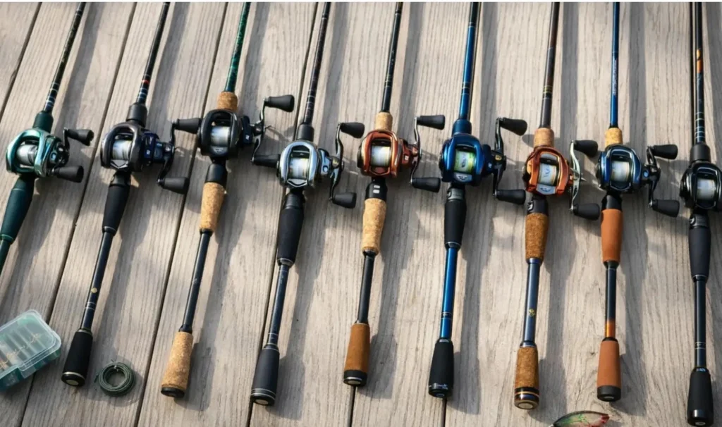Premium Best Fly Fishing Rods with baitcasting reels displayed on a wooden deck, showcasing expert-tested designs and modern finishes.