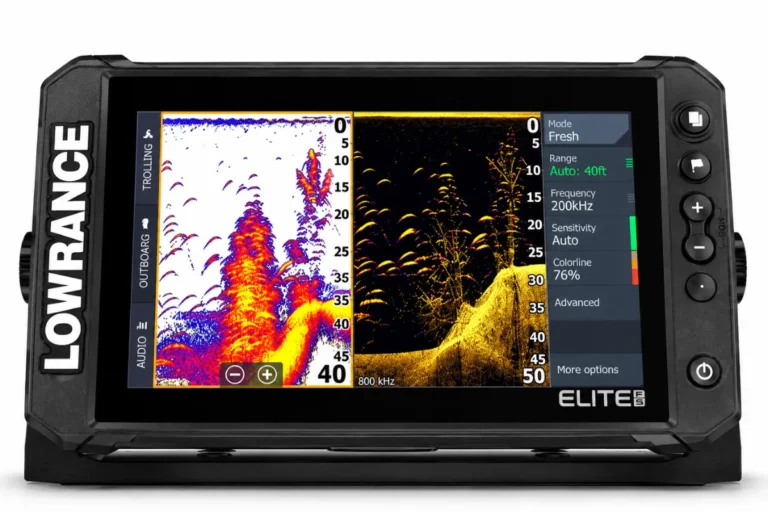 Lowrance Elite FS fishfinder with high-resolution sonar, fish detection, and side imaging display
