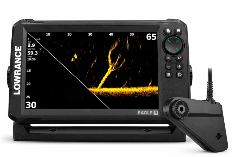 Lowrance Eagle Eye fishfinder with live sonar and detailed underwater fish detection display
