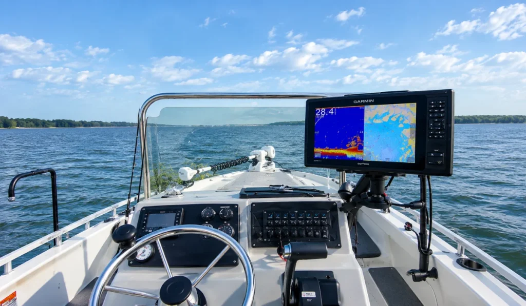 Boat console with Garmin fish finder and sonar display on open water