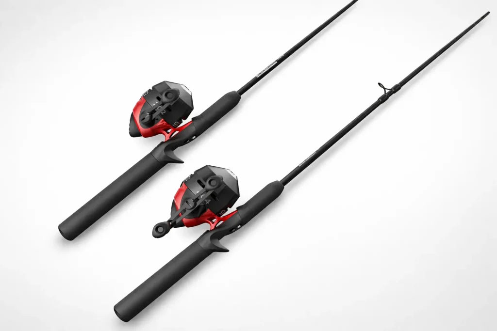 Two modern fishing rods with spincast reels, featuring ergonomic handles, smooth reel seats, and durable construction, displayed on a clean neutral background for comparison.