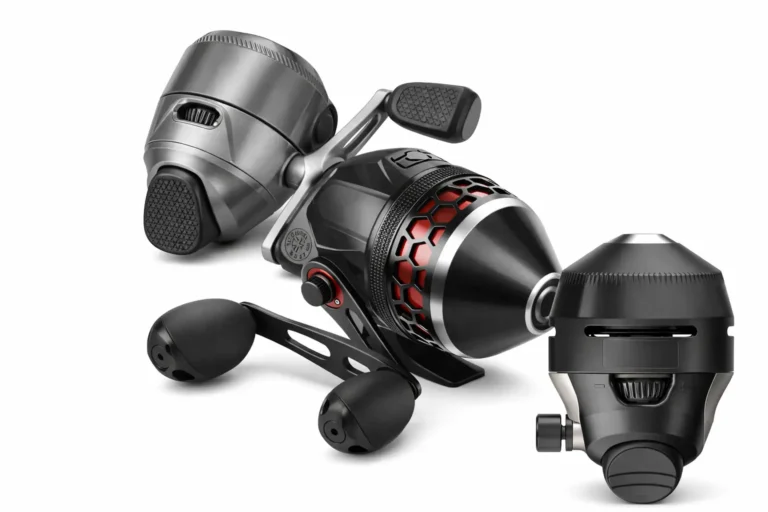 Modern best spincast fishing reels with dual handle grips, adjustable drag control, and interchangeable front covers, shown in metallic black and red design on a clean background.