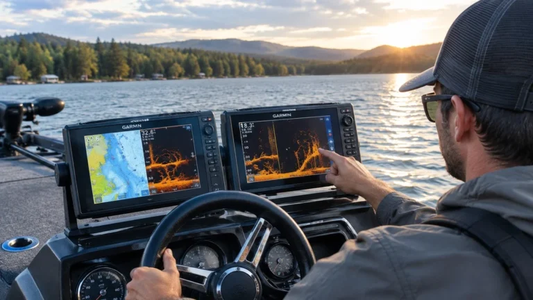 Angler using dual fish finders on a boat while fishing on a scenic lake