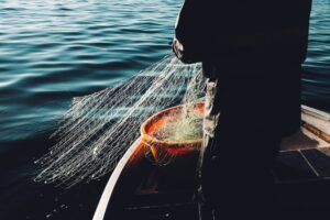 A fisherman holding a net full of fish while standing on a boat