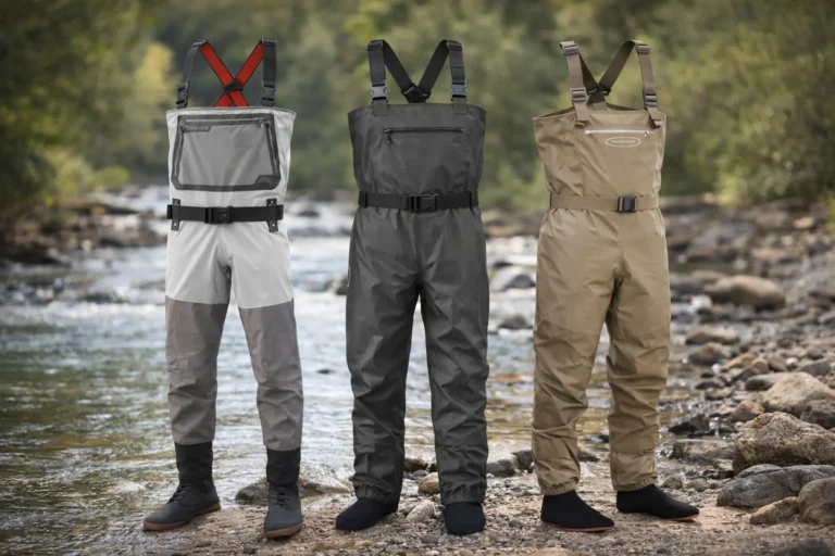 Three best fly fishing waders in light gray, dark gray, and tan standing beside a rocky river, showing different chest wader styles for fly fishing and river fishing