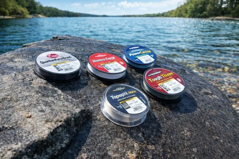 Best braided line for spinning reels displayed on a rock beside a clear lake with multiple fishing line spools