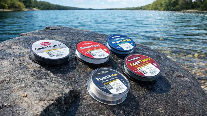 Best braided line for spinning reels displayed on a rock beside a clear lake with multiple fishing line spools