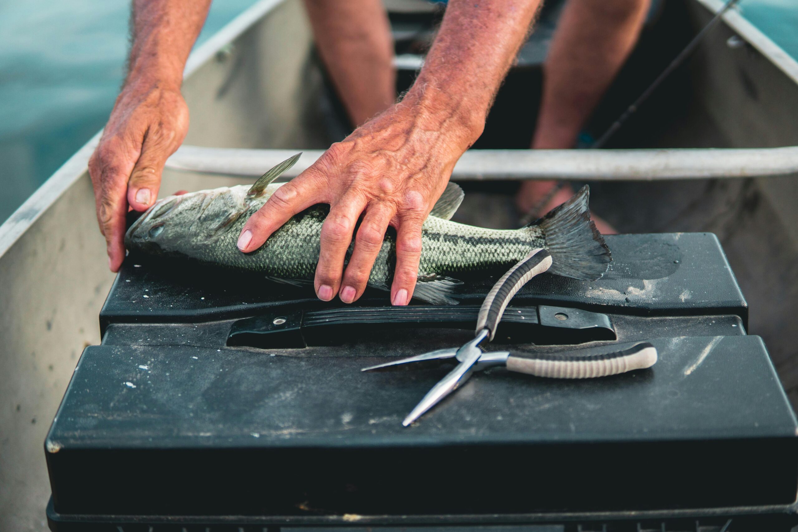 Fisherman on a boat using best fishing pliers for hook removal