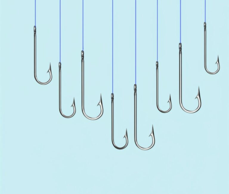 Close-up of fishing hooks hanging on blue lines – best hook size for trout fishing illustration.