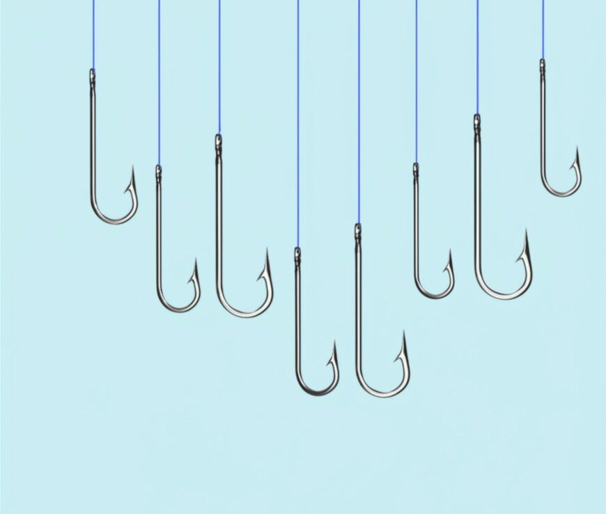 Close-up of fishing hooks hanging on blue lines – best hook size for trout fishing illustration.