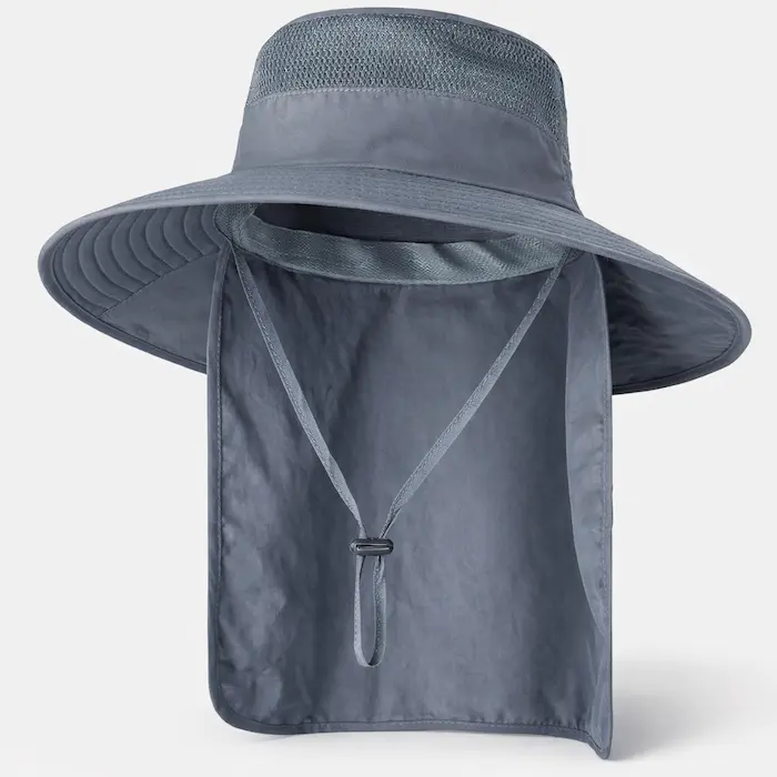 Wide-brim outdoor fishing hat with mesh ventilation panel and detachable neck flap in slate gray, front view studio image.