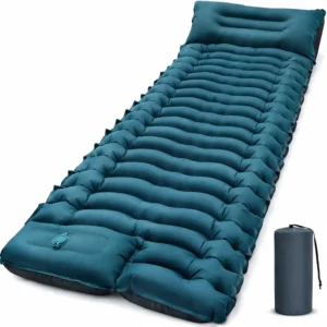 an ultralight best inflatable camping mattress with horizontal air chambers and a built-in pillow section