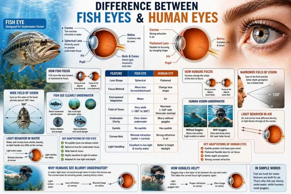 Difference between fish eye and human eye diagrammatic representation