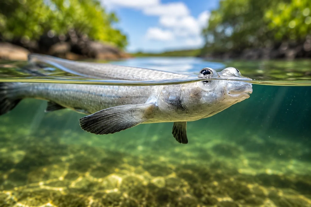 Four-eyed fish swimming at the water surface in a split underwater scene, showing its unique dual-vision eyes with crystal-clear freshwater and natural sunlight.